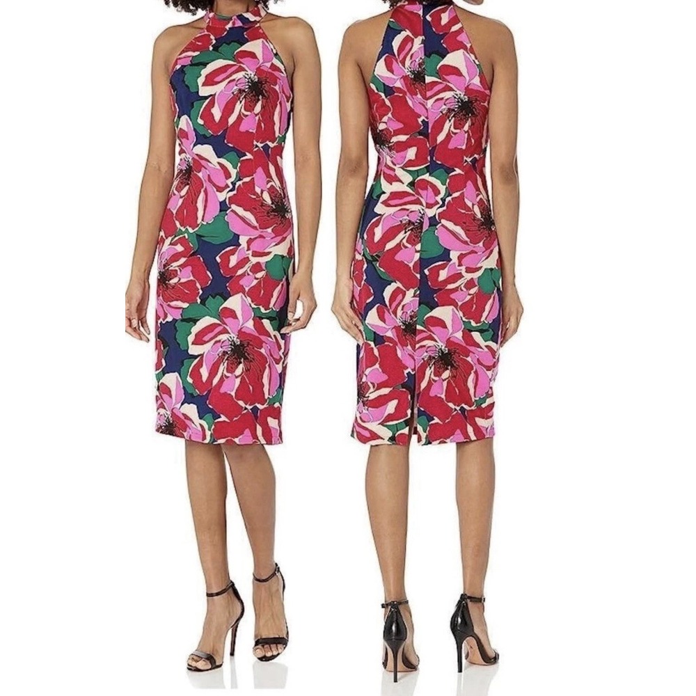 Trina Trina Turk Navy Floral Midi Dress Halter Sheath Bright Cocktail 8 New $208